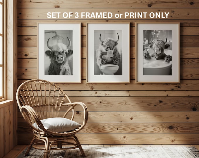 Highland Cow Set of 3 Bathroom Watercolour Wall Poster Prints