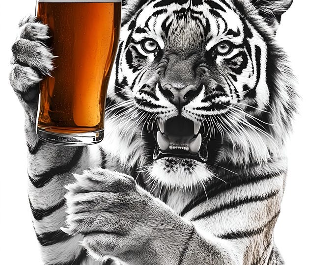 Tiger Drinking a Beer Wall Art Print: Fun Gift, Framed Poster  or Print Only.