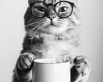 Cat with Coffee Art Print | Funny Pet Photo Poster