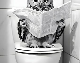 Funny Owl Print | Reading Newspaper on Toilet, Bathroom Decor