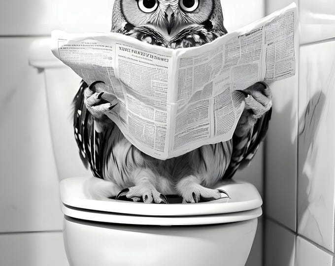 Funny Owl Print | Reading Newspaper on Toilet, Bathroom Decor