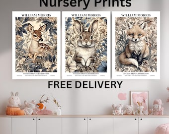 Set of 3 William Morris Prints, Exhibition Art, Woodland Animal Prints, Nursery Room Wildlife,