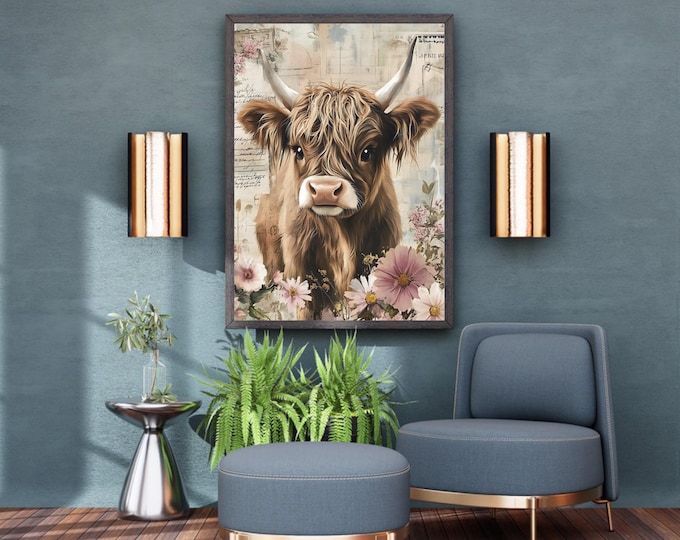 Highland Cow Shabby Chic Watercolour Wall Print Art Print 3