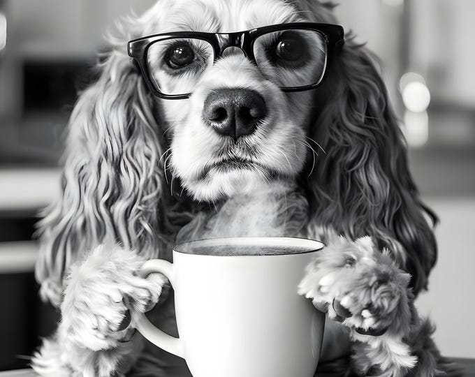 Cocker Spaniel Drinking Coffee Wall Art Print: Funny Dog Gift, Framed or Poster Only.