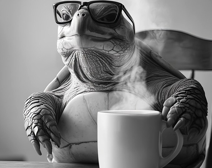 Turtle Drinking Coffee Wall Art Print: Fun Gift, Framed Poster  or Print Only.