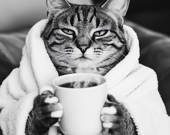 Fun Cat in a Bathrobe Drinking a Coffee Print, Bathroom Wall Art