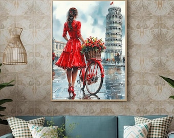Lady in Red viewing the Scenery with Her Push Bike Watercolour Wall Print