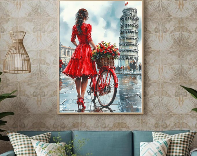 Lady in Red viewing the Scenery with Her Push Bike Watercolour Wall Print