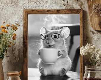 Mouse Drinking Coffee Wall Art Print: Fun Gift, Framed Poster  or Print Only. Mock Up