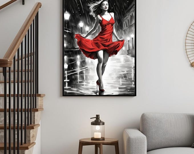 Lady in Red Dancing in the Rain Watercolour Wall Print
