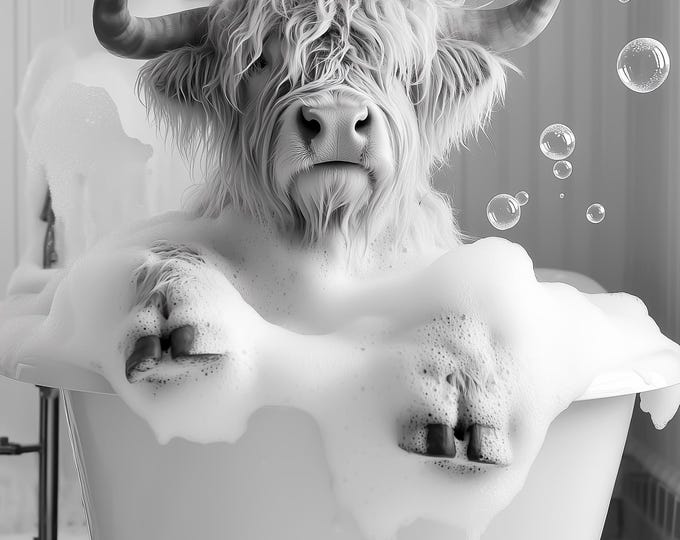 Highland Cow in Tub Print, Funny Bathroom Wall Art