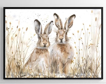 Spring Hares Watercolour Art Print | Two Rabbits in Grass Wall Art