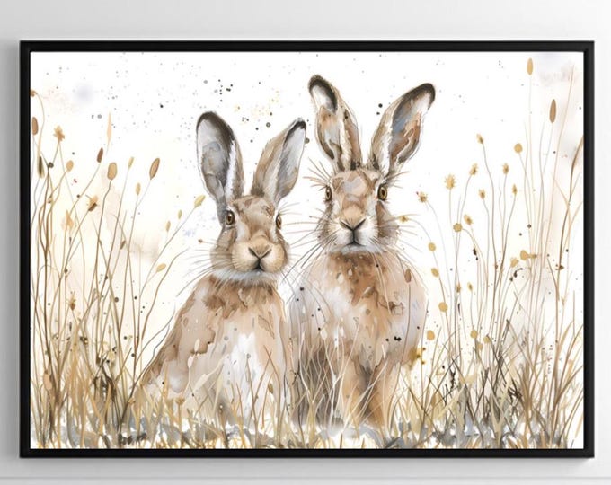 Spring Hares Watercolour Art Print | Two Rabbits in Grass Wall Art