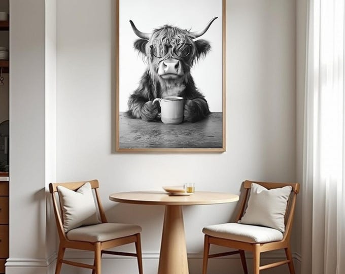 Highland Cow Drinking Coffee Wall Art Print: Fun Gift, Poster or Print