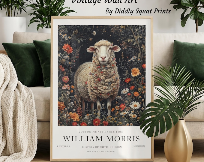 Featured listing image: William Morris Sheep Exhibition Print, Vintage Textiles Wall Art