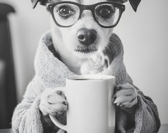 Jack Russell Drinking Coffee Wall Art Print: Funny Dog Gift, Framed or Poster Only.