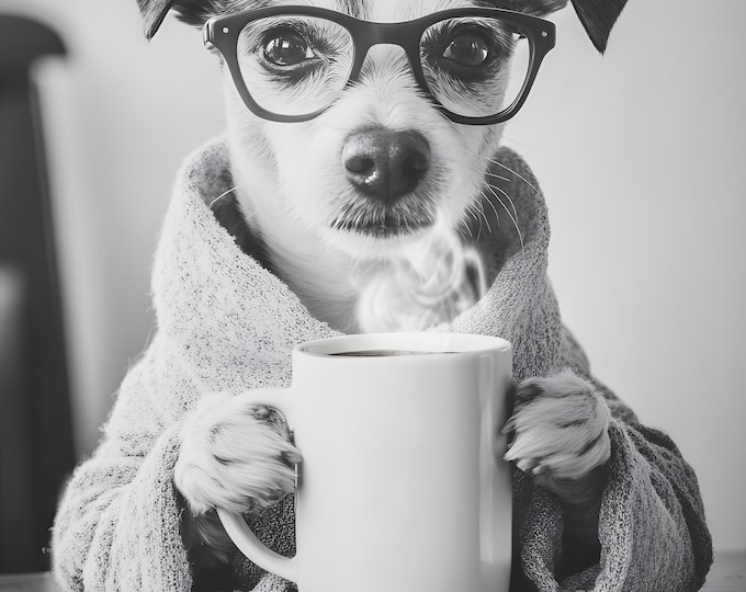 Jack Russell Drinking Coffee Wall Art Print: Funny Dog Gift, Framed or Poster Only.