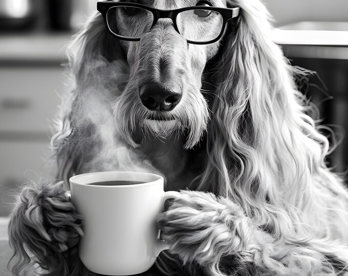 Afgan Hound Drinking Coffee Wall Art Print: Funny Dog Gift, Dogs Drinking Poster Framed or Print Only. FREE DELIVERY