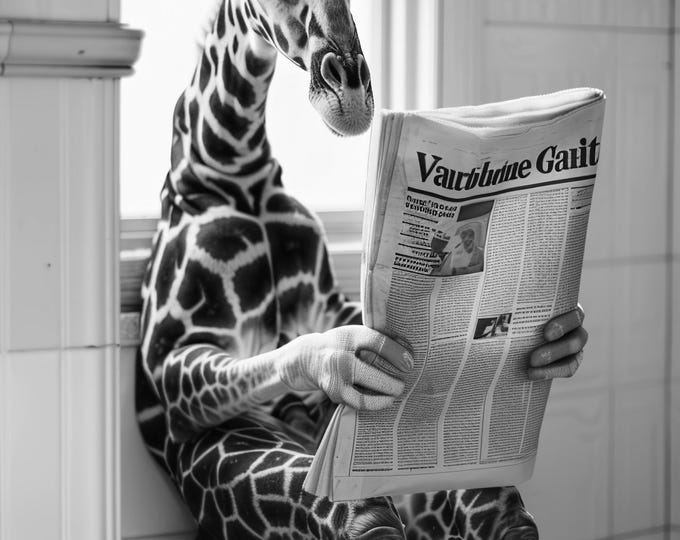 Giraffe on Toilet Newspaper Wall Art Print, Bathroom  Poster