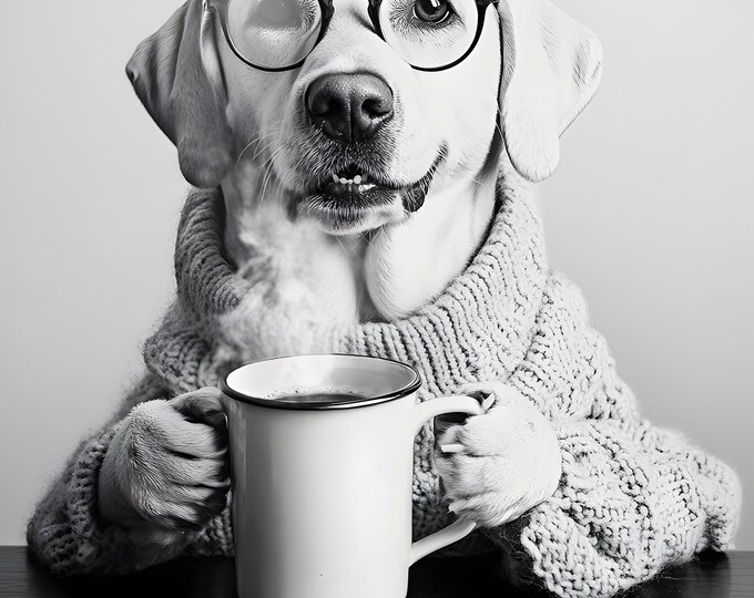 Labrador Dog Drinking Coffee Wall Art Print,  Framed Options Available FREE DELIVERY