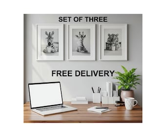Set of 3 Coffee Drinking Animals Tiger, Zebra & Giraffe  Watercolour Wall Poster Prints