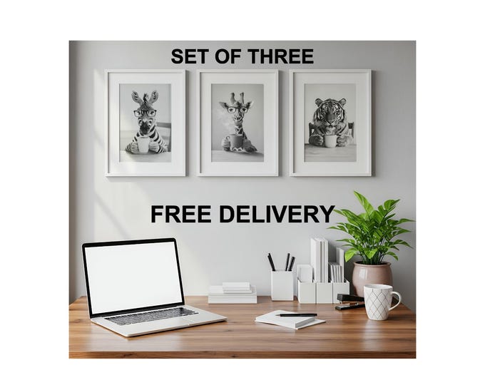Set of 3 Coffee Drinking Animals Tiger, Zebra & Giraffe  Watercolour Wall Poster Prints