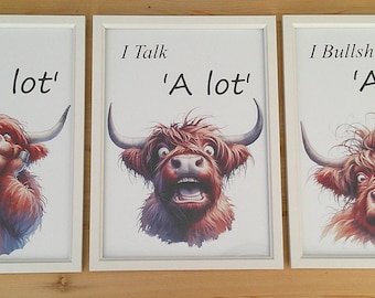 Highland Cow Funny Prints, Set of 3, Bathroom Wall Art