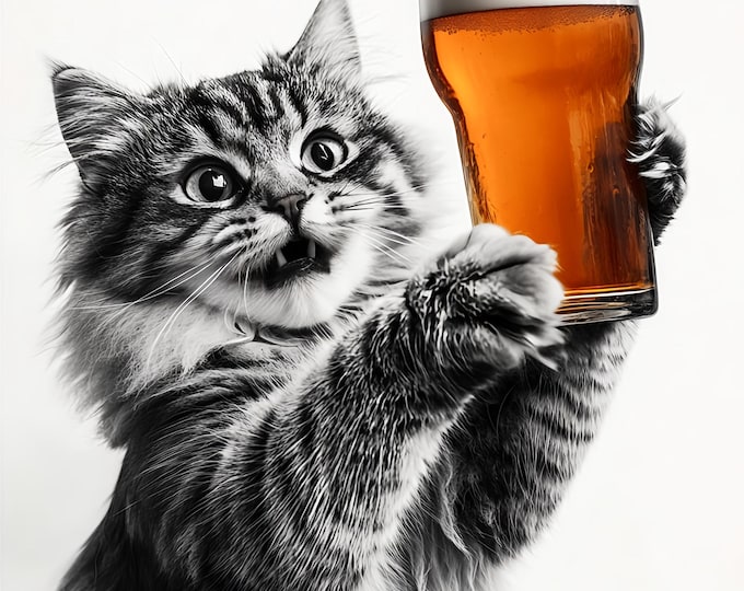 Cat Drinking a Beer Wall Art Print:   Poster Framed or Print Only. FREE DELIVERY