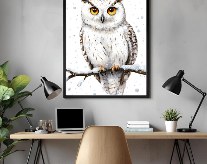 Snow Owl Watercolour Painting Wall Art Print