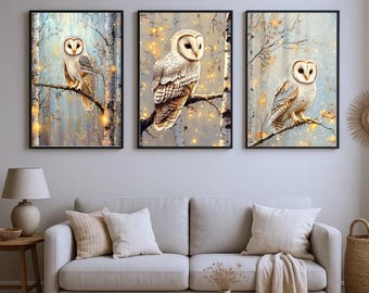 Barn Owl  Set of 3 Wall Poster Prints Kitchen - Bathroom - Bedroom