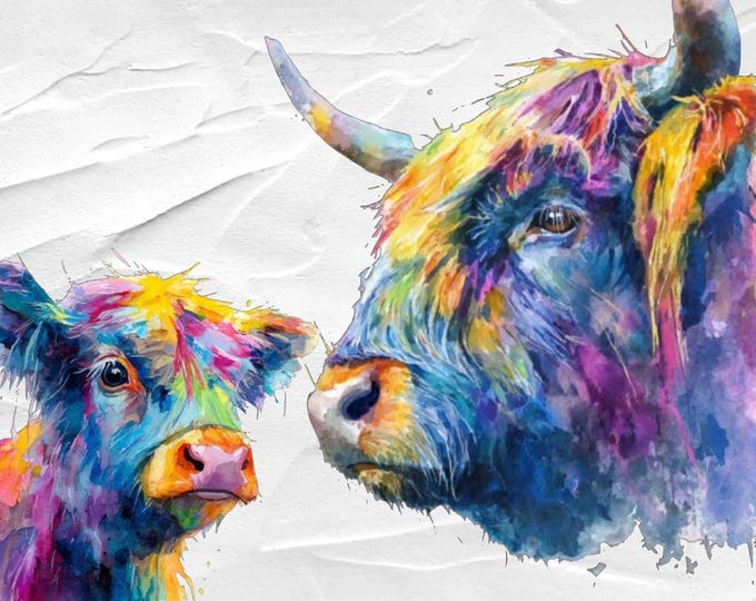Highland Cow & Calf Print, Watercolour Abstract Poster Wall Art