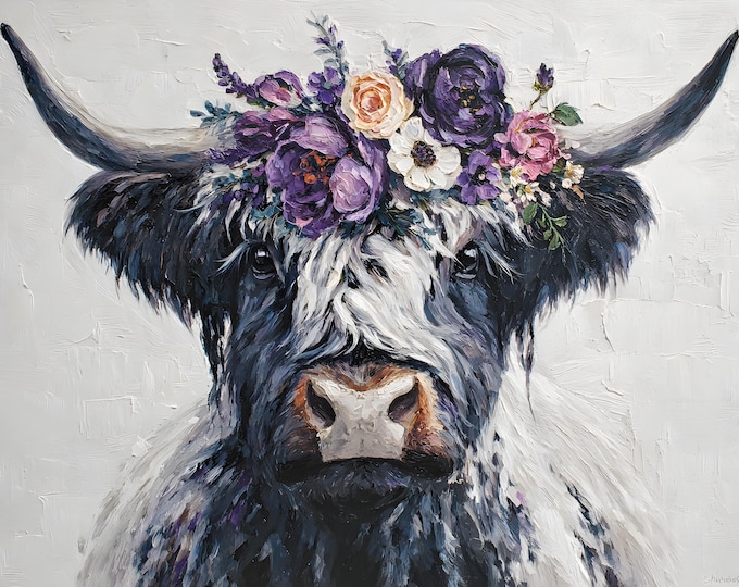 Floral Crown Highland Cow Print: Boho Farmhouse Wall Art
