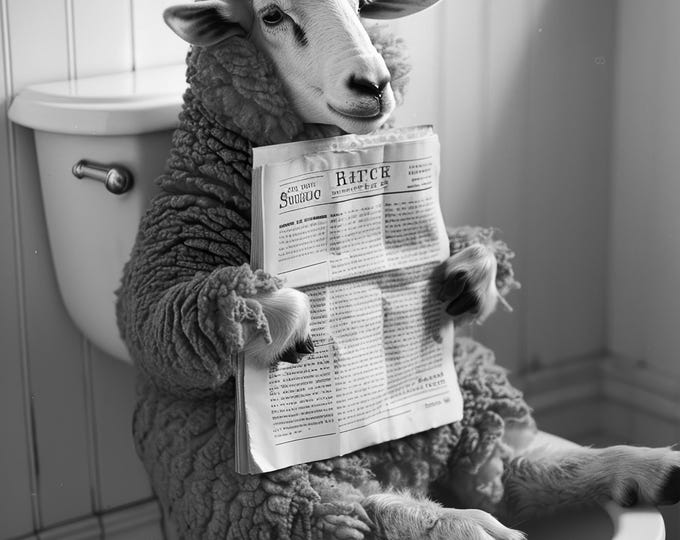 Sheep on Toilet Art Print | Funny Bathroom Wall Decor