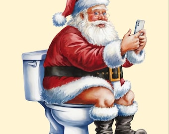 SANTA SAT On The TOILET Funny Father Christmas Bathroom - Toilet Wall Art Print
