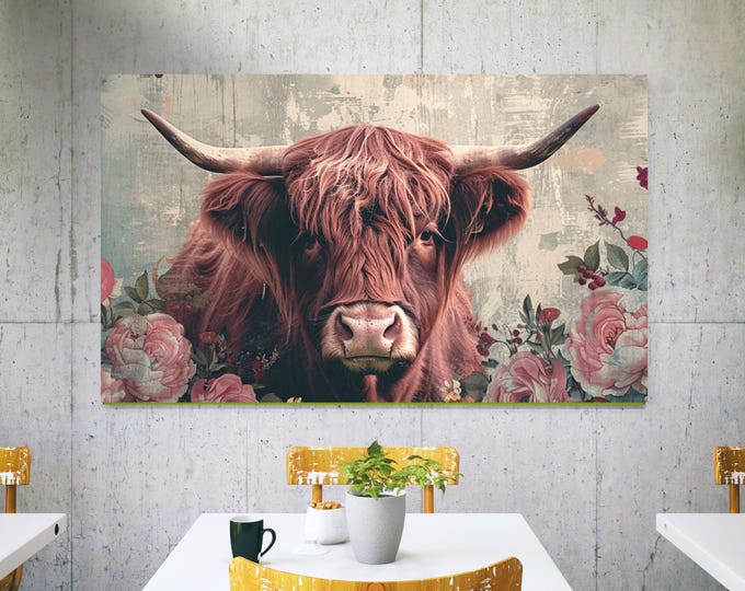 Highland Cow Shabby Chic Watercolour Poster Wall Art Print