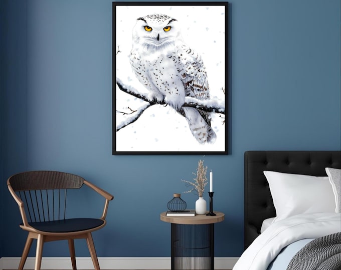 Snow Owl Watercolour Painting Wall Art Print