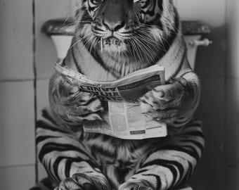 Tiger on Toilet Wall Art Print - Funny Quirky Bathroom Poster