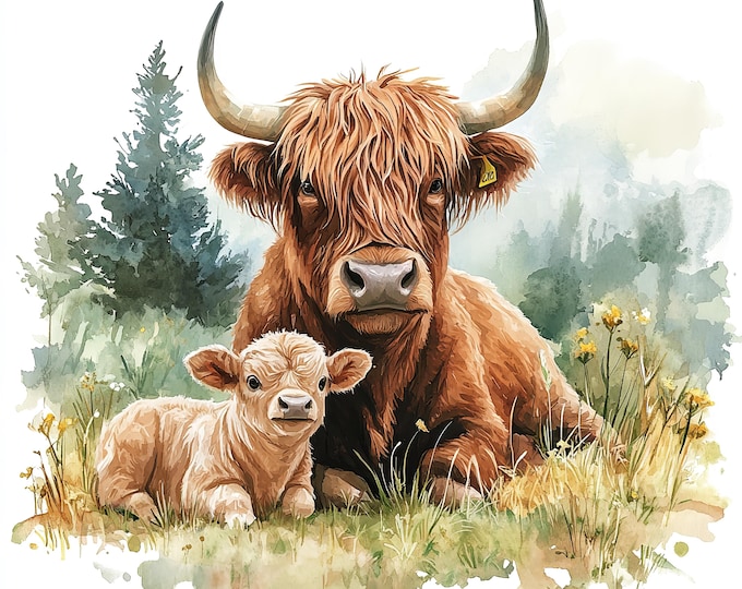 Highland Cow and Calf Print, Scottish Poster Wall Art