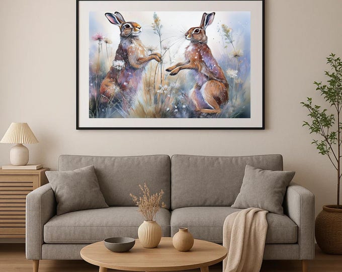 Boxing Hares in a Field  Landscape Watercolour Wall Print Art