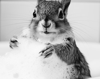 Funny Squirrel Bath Print, Animal Wall Print Art