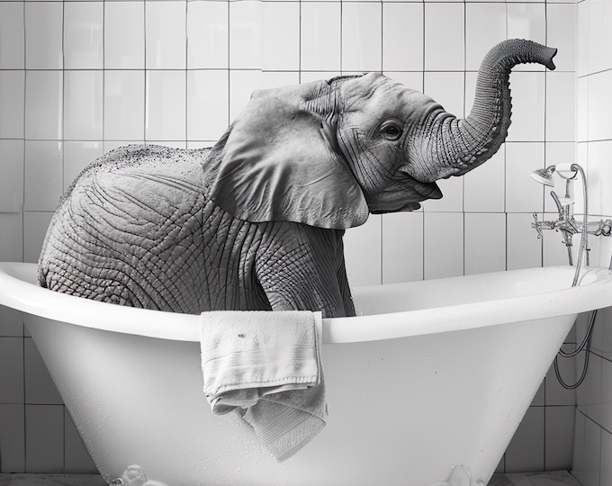 Funny Elephant in Bathtub Print, Bathroom Wall Art, A4/A3