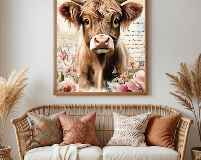 Highland Cow Shabby Chic Watercolour Wall Print Art Print 6