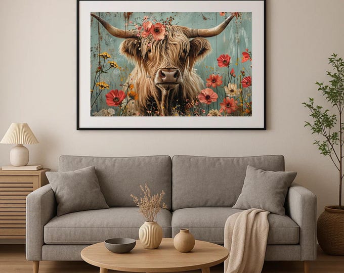Highland Cow Shabby Chic Watercolour Wall Art Print