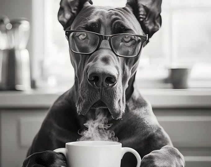 Great Dane Drinking Coffee Wall Art Print: Funny Dog Gift, Dogs Drinking Poster Framed or Print Only. FREE DELIVERY