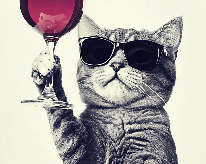 Cat Drinking a Glass of Wine Wall Art Print:   Poster Framed or Print Only. FREE DELIVERY