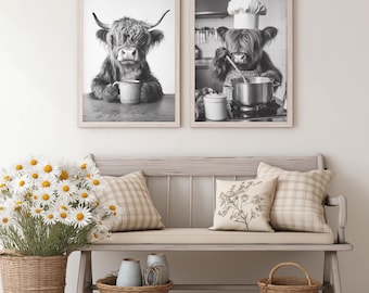 Set of 2 Highland Cow Kitchen Wall Poster Prints - Animal Fun