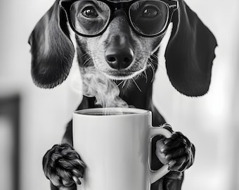 Dachshund Drinking Coffee Wall Art Print: Funny Dog Gift, Framed or Poster Only.