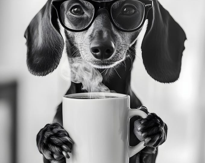 Dachshund Drinking Coffee Wall Art Print: Funny Dog Gift, Framed or Poster Only.