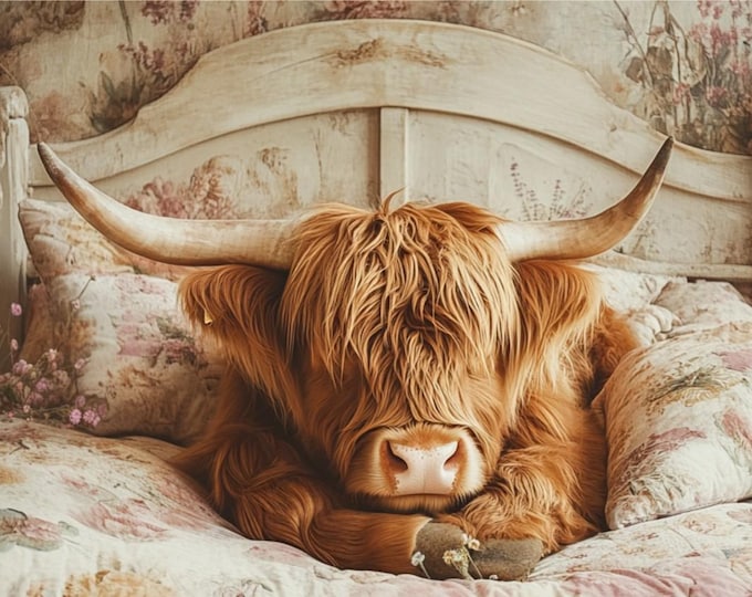 Highland Cow Shabby Chic Bed Watercolour Wall Print Art