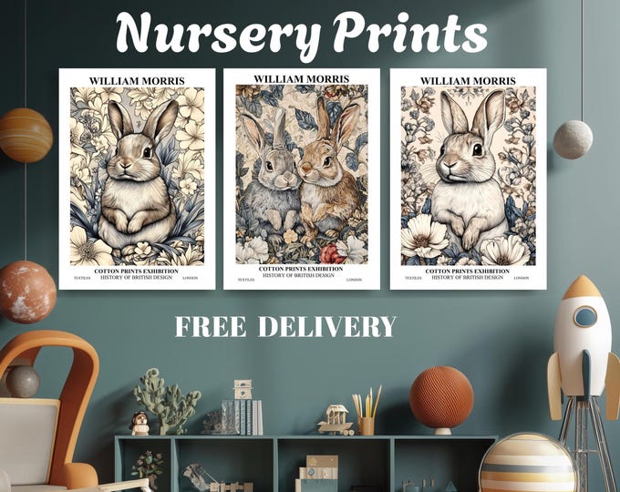Set of 3 William Morris Prints, Woodland Animal Prints, Nursery Room Bunny Rabbits,